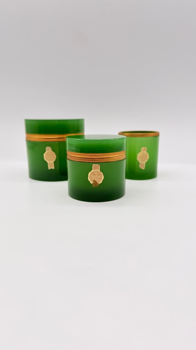 Italian Green Opaline Glass Set Of 3 Boxes , Venetian Glass-photo-6