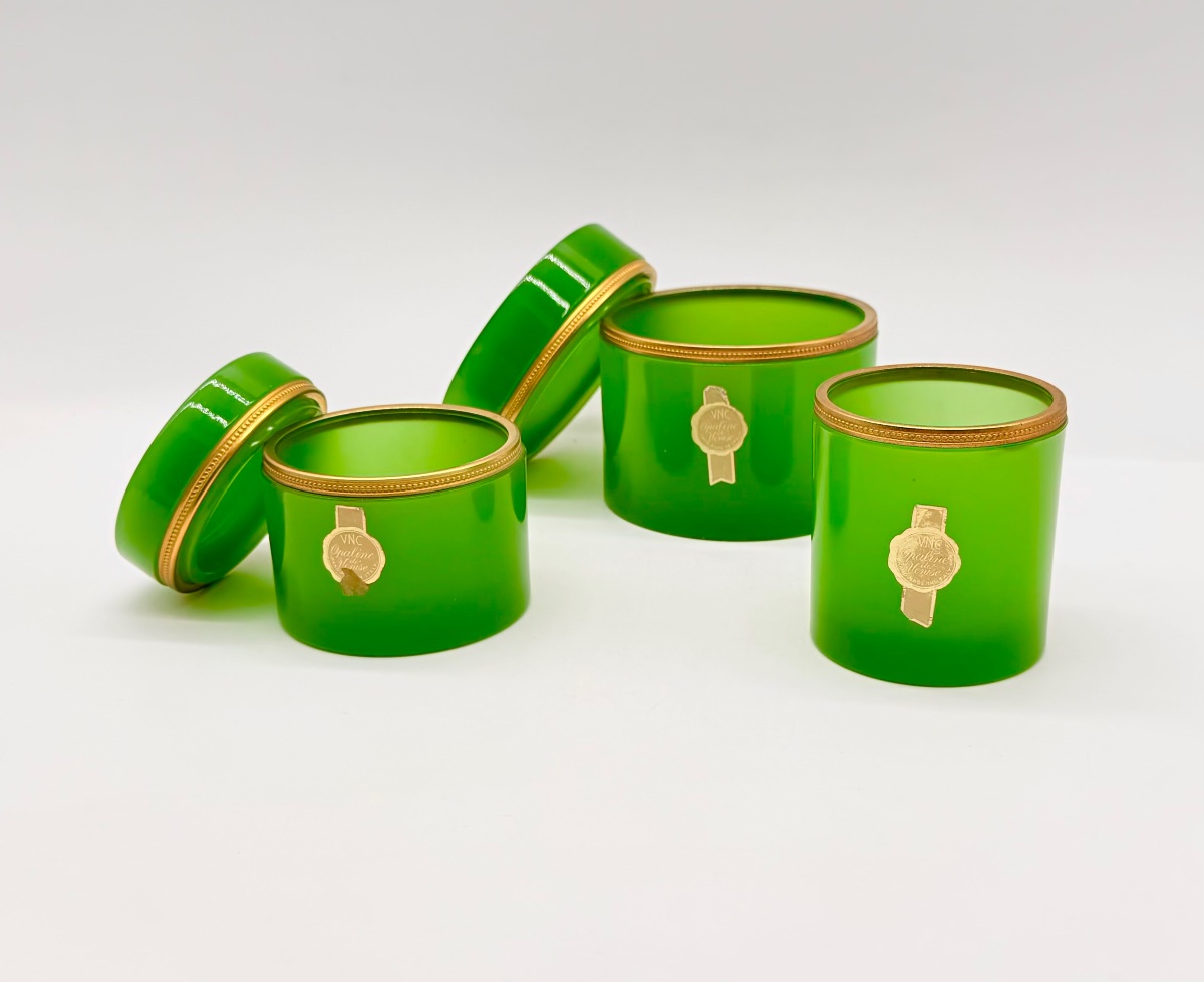 Italian Green Opaline Glass Set Of 3 Boxes , Venetian Glass