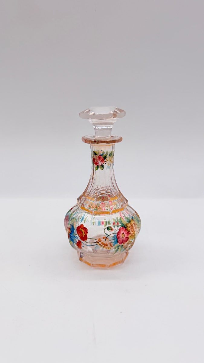 19century  Bohemian Glass Perfume Bottle With Enamel Floral Decoration -photo-3