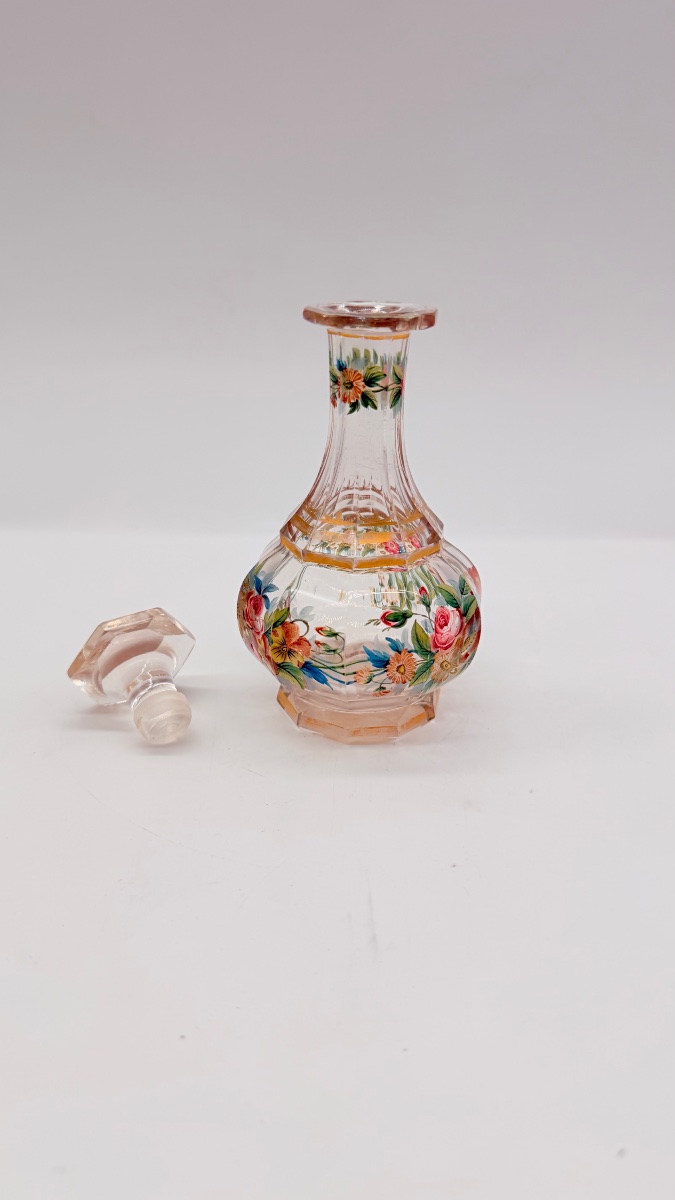 19century  Bohemian Glass Perfume Bottle With Enamel Floral Decoration -photo-4