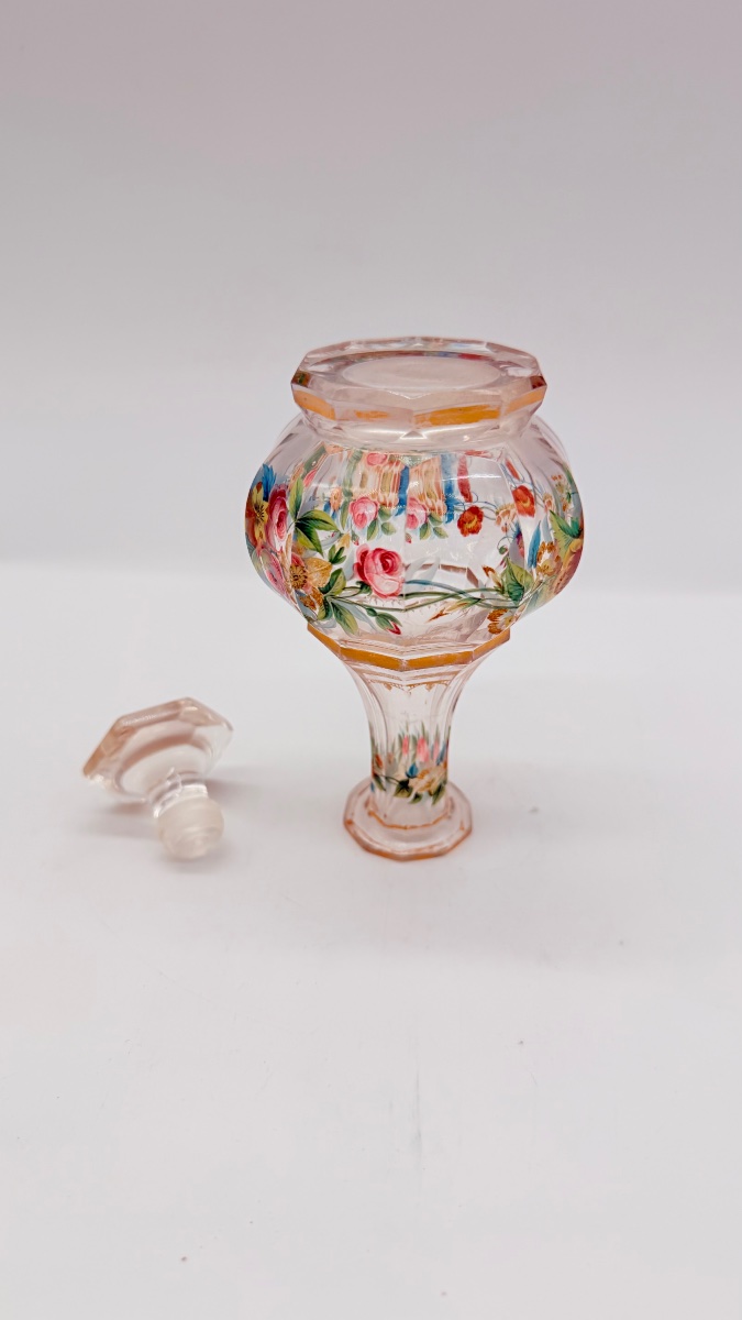 19century  Bohemian Glass Perfume Bottle With Enamel Floral Decoration -photo-5