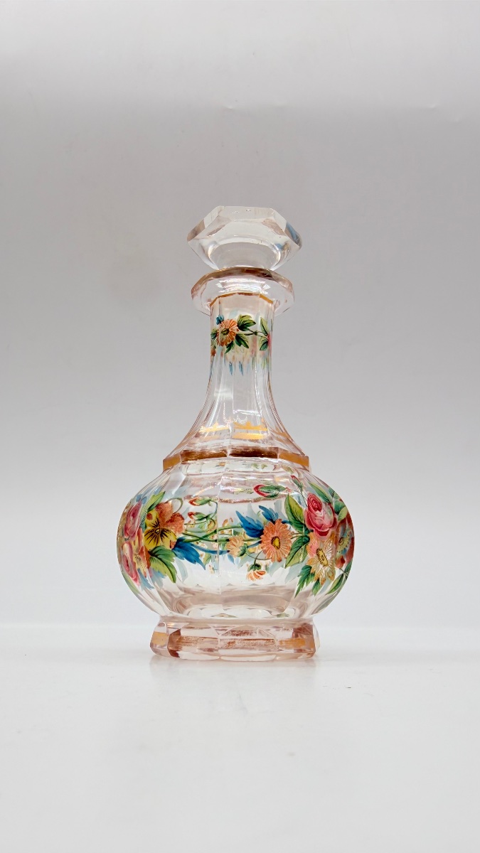 19century  Bohemian Glass Perfume Bottle With Enamel Floral Decoration 