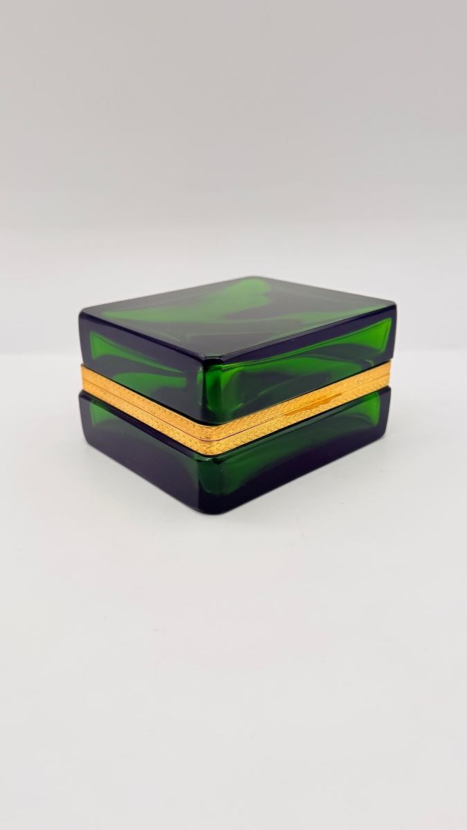 Coffret Boîte en Cristal vert bronze Doré XIXème-photo-1