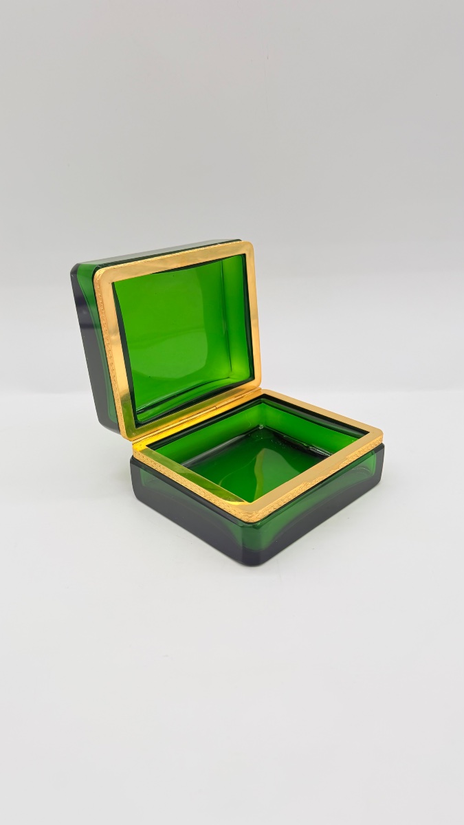 Coffret Boîte en Cristal vert bronze Doré XIXème-photo-3