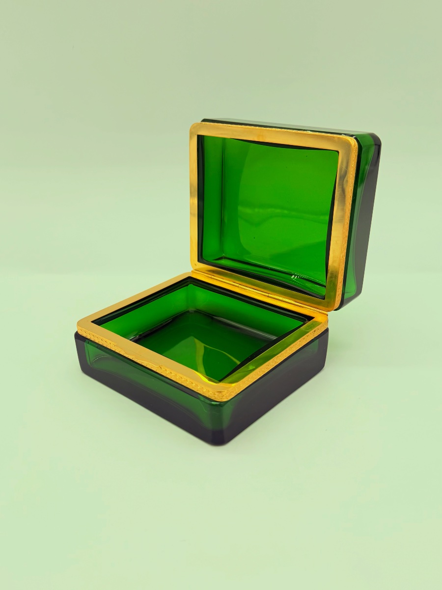 Coffret Boîte en Cristal vert bronze Doré XIXème-photo-5