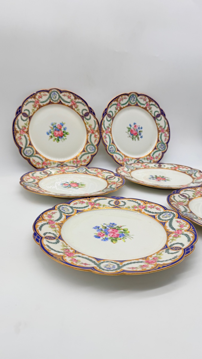 19th Century, Limoges, Set Of Six “château De Tuileries” Porcelain Plates-photo-5
