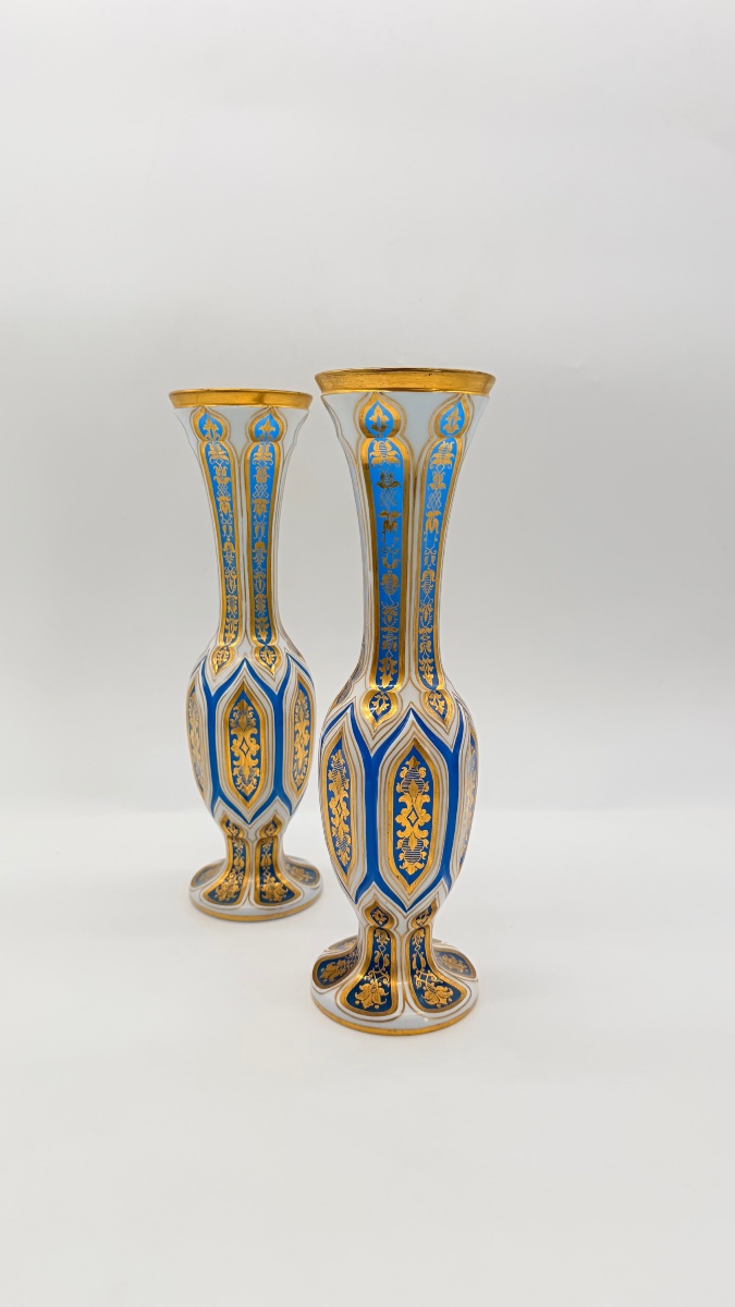 Pair Of Opaline Bohemian Overlay Glass Vases In Gold-toned Turquoise, 19th Century-photo-2