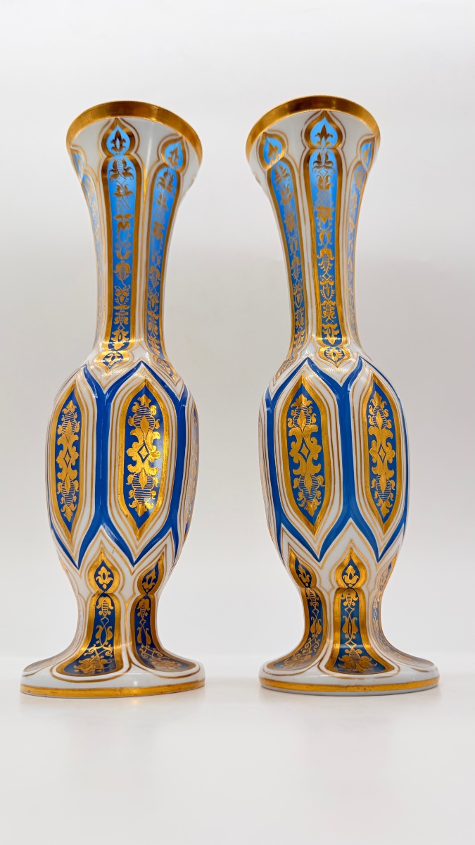 Pair Of Opaline Bohemian Overlay Glass Vases In Gold-toned Turquoise, 19th Century-photo-2