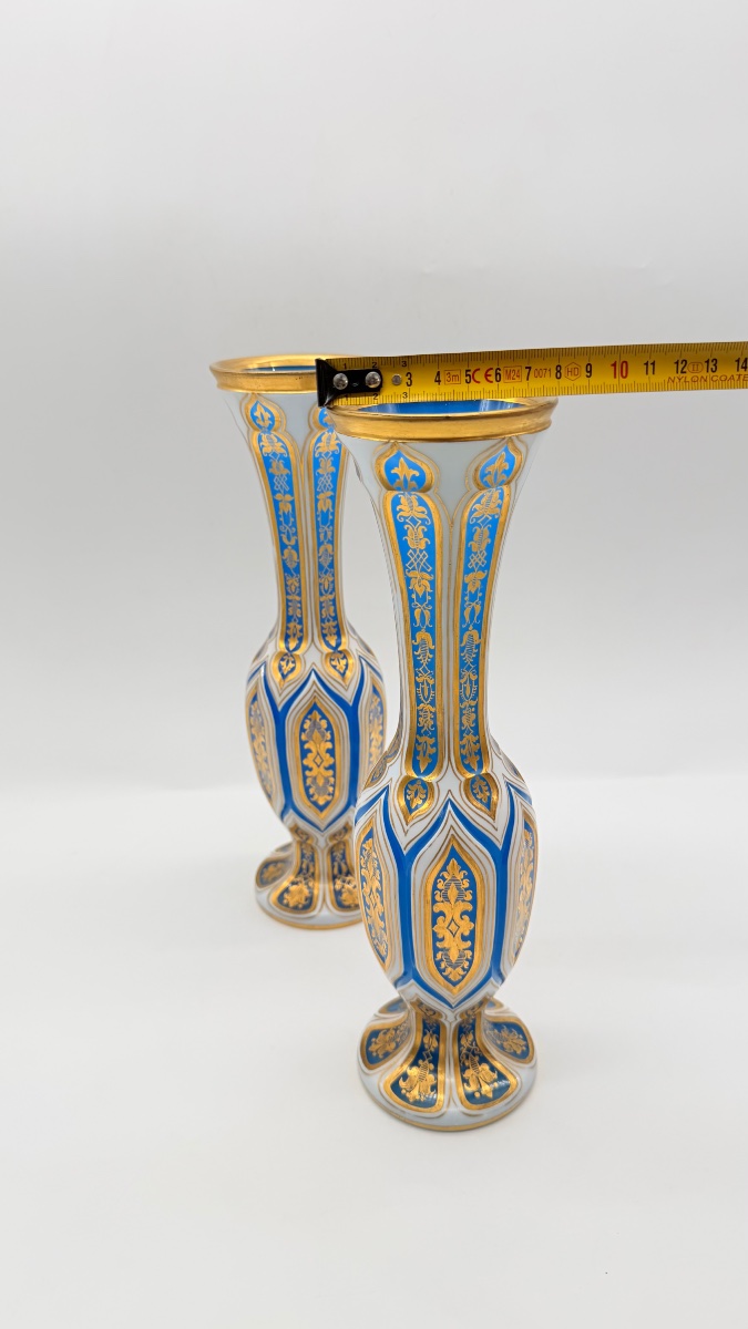 Pair Of Opaline Bohemian Overlay Glass Vases In Gold-toned Turquoise, 19th Century-photo-8