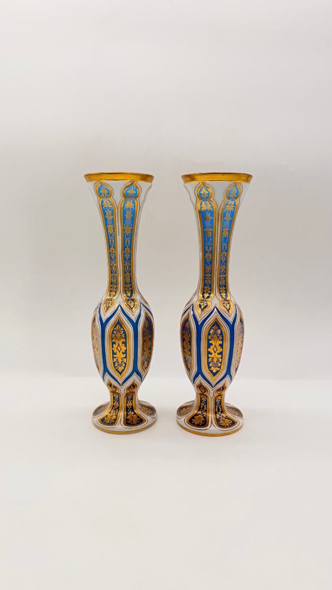 Pair Of Opaline Bohemian Overlay Glass Vases In Gold-toned Turquoise, 19th Century