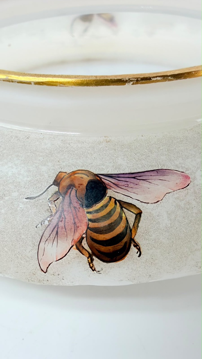 Opaline Glass Bowl By G. Brocard à Bar-sur-seine, 19th Century, With Painted Insects-photo-3