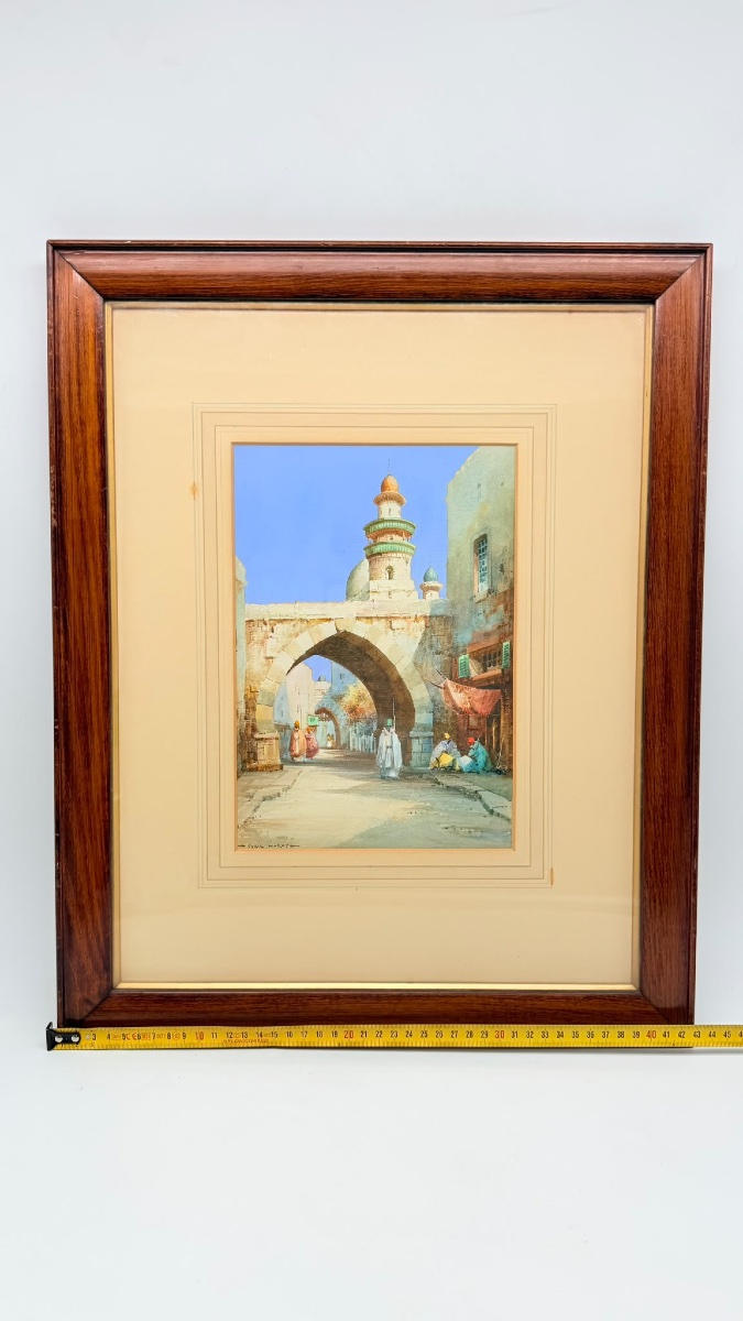 Aquarelle orientaliste représentant une scène de rue en Algérie, de Cyril Hardy, signée-photo-3