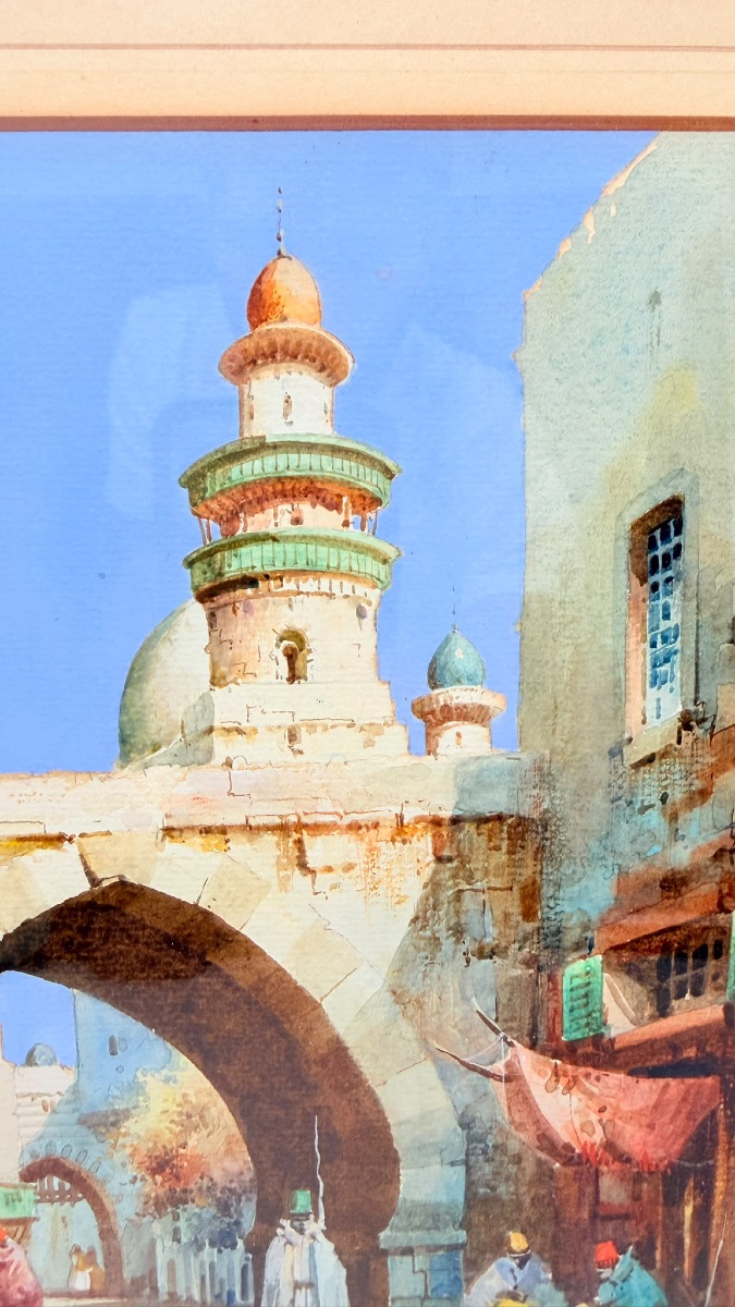Aquarelle orientaliste représentant une scène de rue en Algérie, de Cyril Hardy, signée-photo-4