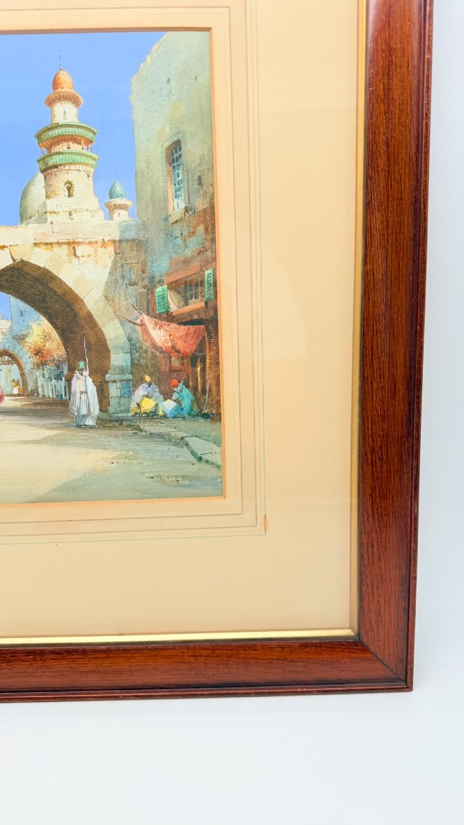 Aquarelle orientaliste représentant une scène de rue en Algérie, de Cyril Hardy, signée-photo-1