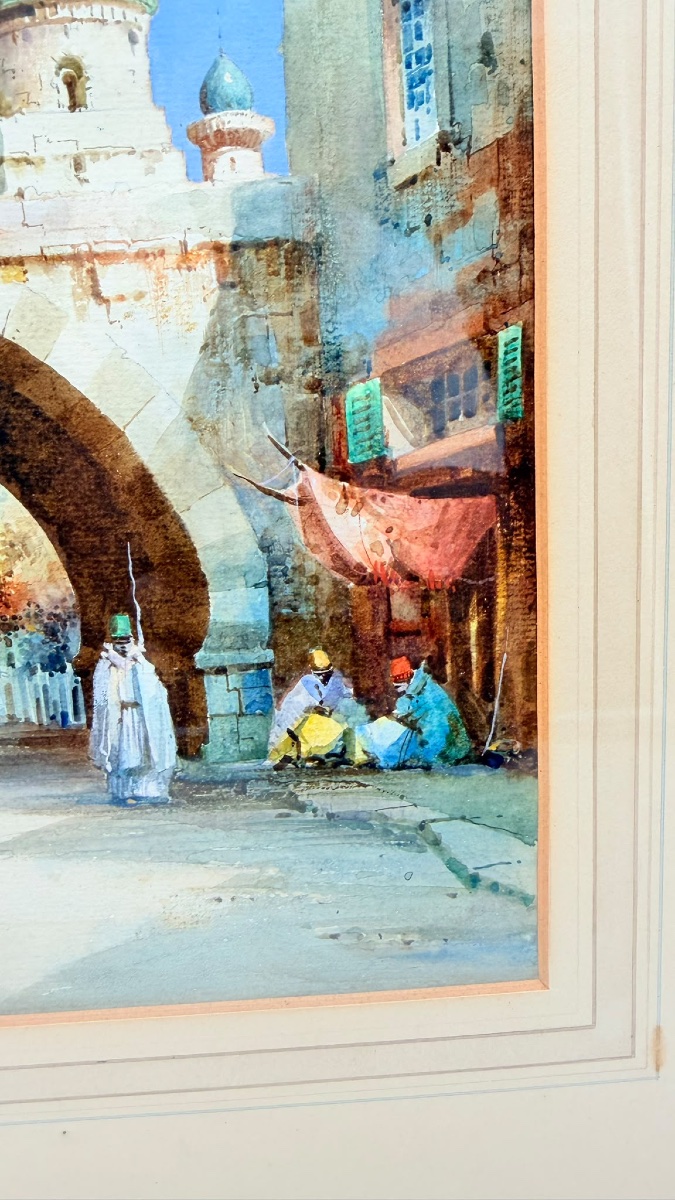Aquarelle orientaliste représentant une scène de rue en Algérie, de Cyril Hardy, signée-photo-7