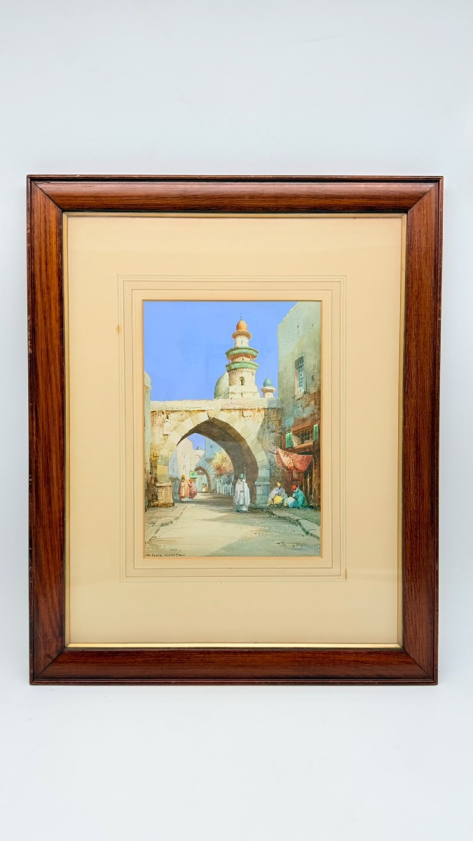 Aquarelle orientaliste représentant une scène de rue en Algérie, de Cyril Hardy, signée