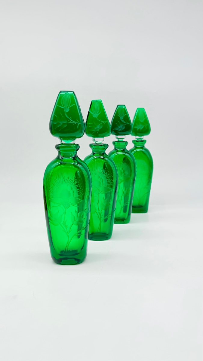 Engraved Moser Glass Bottles, Dark Emerald Color, Available In A Set Of 4-photo-2