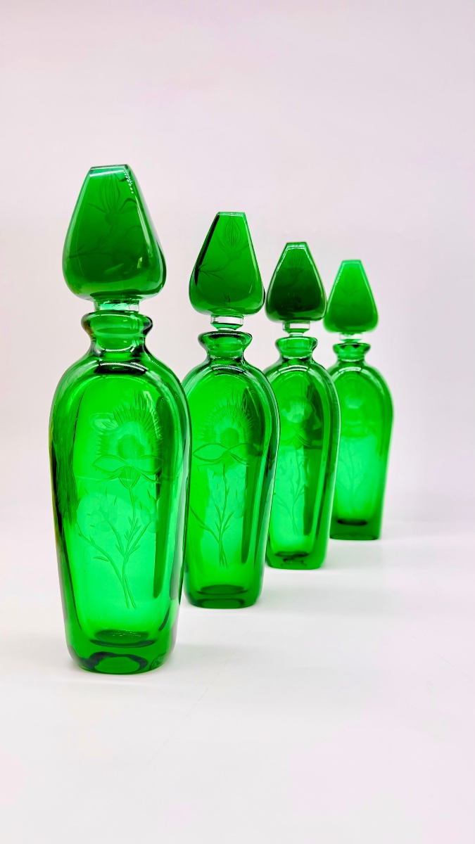 Engraved Moser Glass Bottles, Dark Emerald Color, Available In A Set Of 4-photo-3