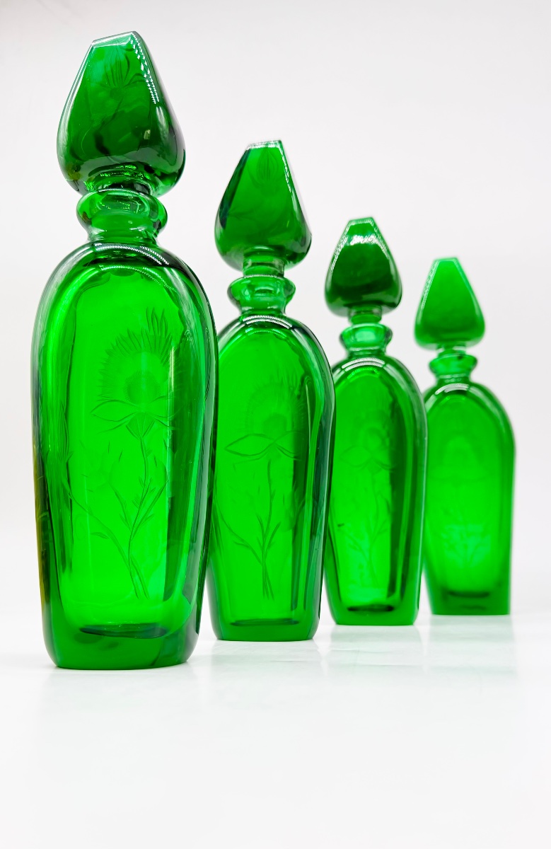 Engraved Moser Glass Bottles, Dark Emerald Color, Available In A Set Of 4-photo-4