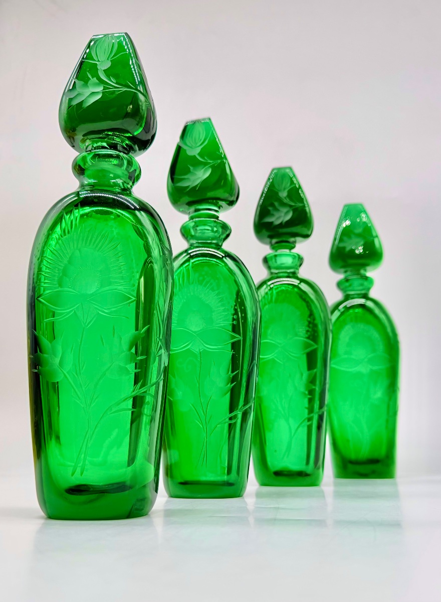 Engraved Moser Glass Bottles, Dark Emerald Color, Available In A Set Of 4-photo-1