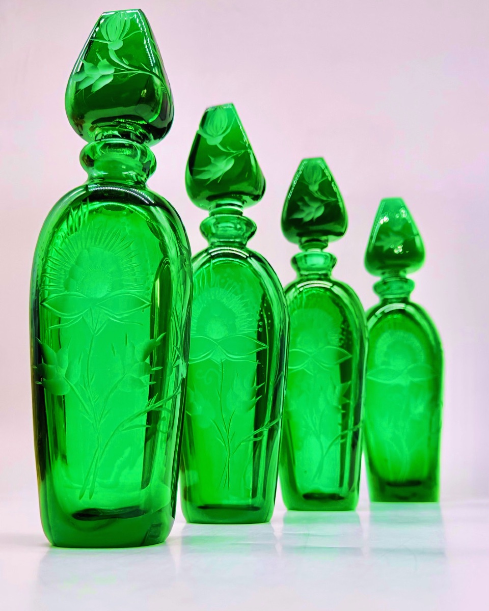 Engraved Moser Glass Bottles, Dark Emerald Color, Available In A Set Of 4-photo-2