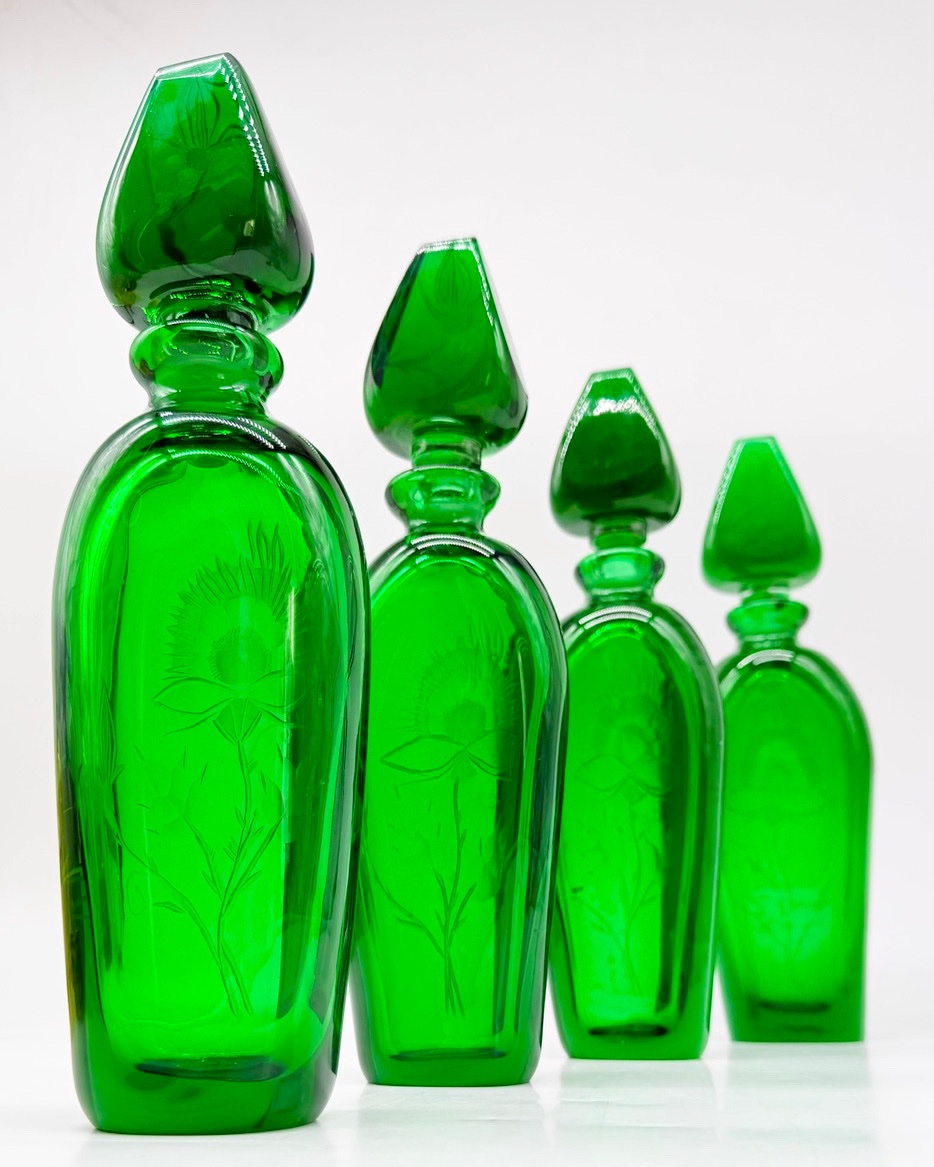 Engraved Moser Glass Bottles, Dark Emerald Color, Available In A Set Of 4-photo-5