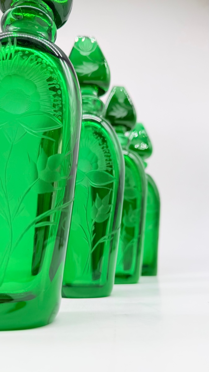 Engraved Moser Glass Bottles, Dark Emerald Color, Available In A Set Of 4-photo-8