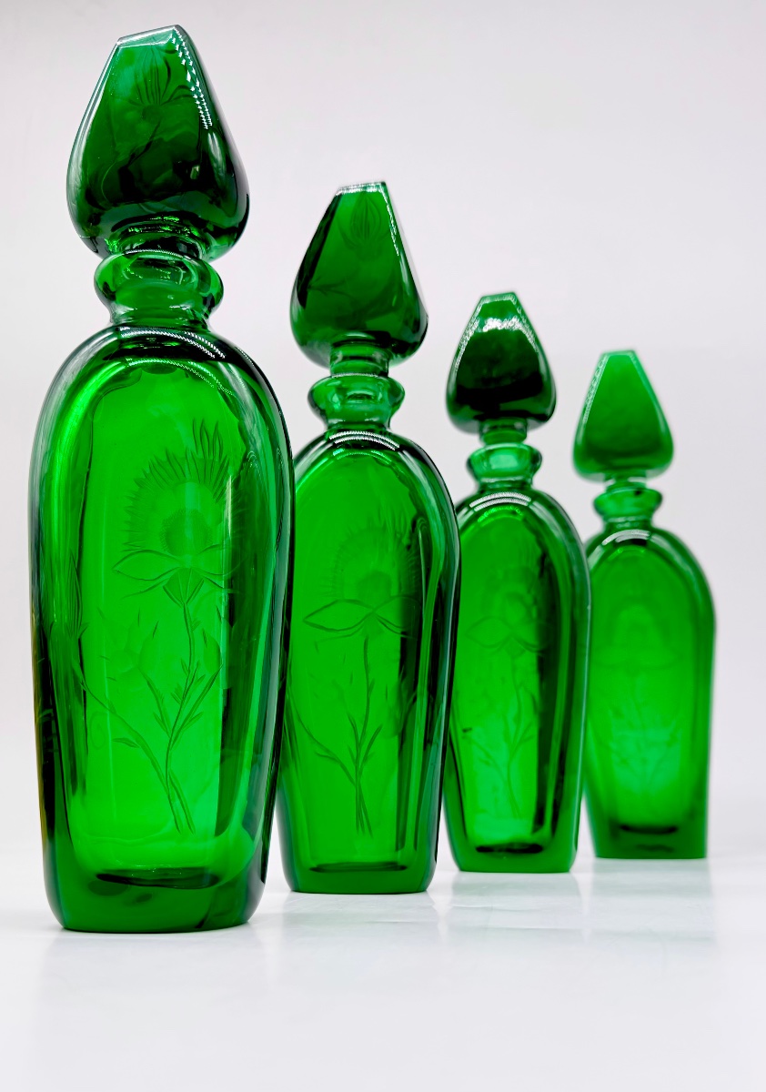 Engraved Moser Glass Bottles, Dark Emerald Color, Available In A Set Of 4