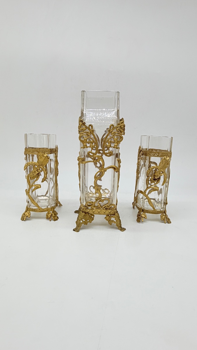 Wonder Set Of Vases Baccarat Art Nouveau Finely Decorated With Adore Bronze Relief Nymphs -photo-2