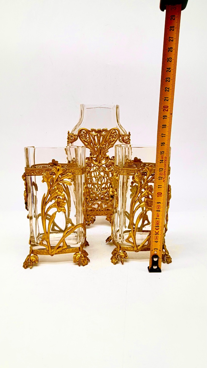 Wonder Set Of Vases Baccarat Art Nouveau Finely Decorated With Adore Bronze Relief Nymphs -photo-3