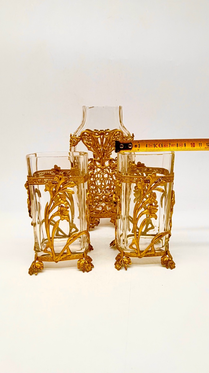 Wonder Set Of Vases Baccarat Art Nouveau Finely Decorated With Adore Bronze Relief Nymphs -photo-4