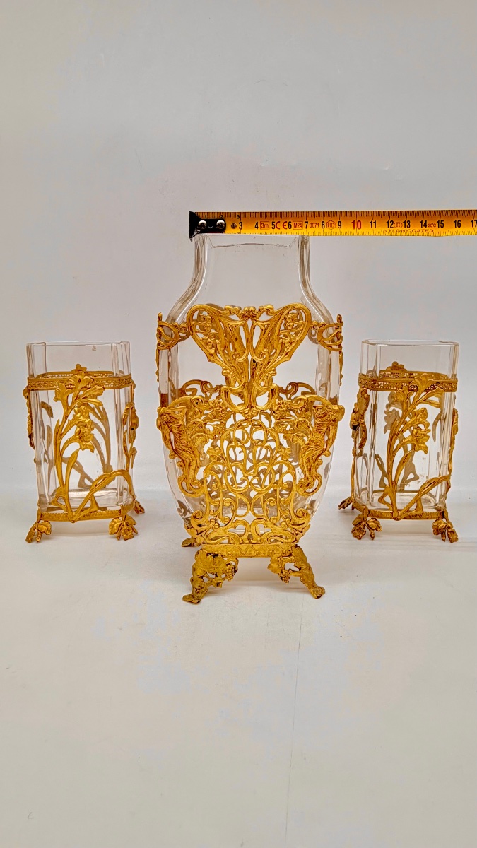 Wonder Set Of Vases Baccarat Art Nouveau Finely Decorated With Adore Bronze Relief Nymphs -photo-1