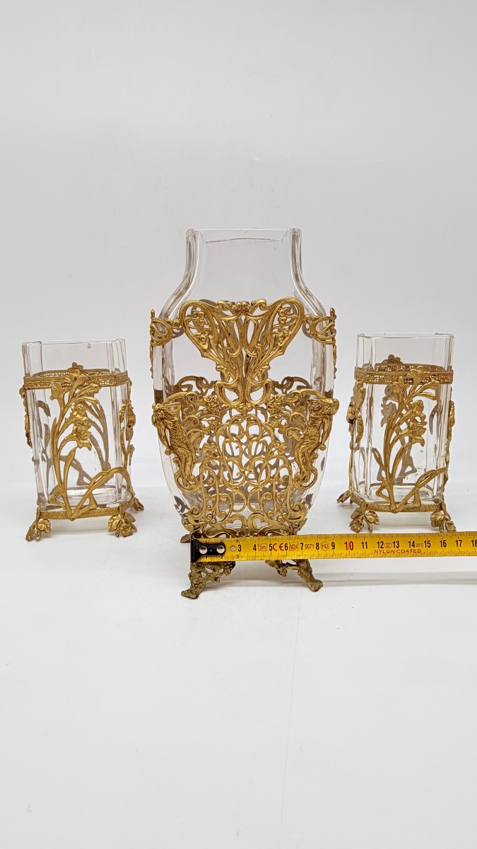 Wonder Set Of Vases Baccarat Art Nouveau Finely Decorated With Adore Bronze Relief Nymphs -photo-2