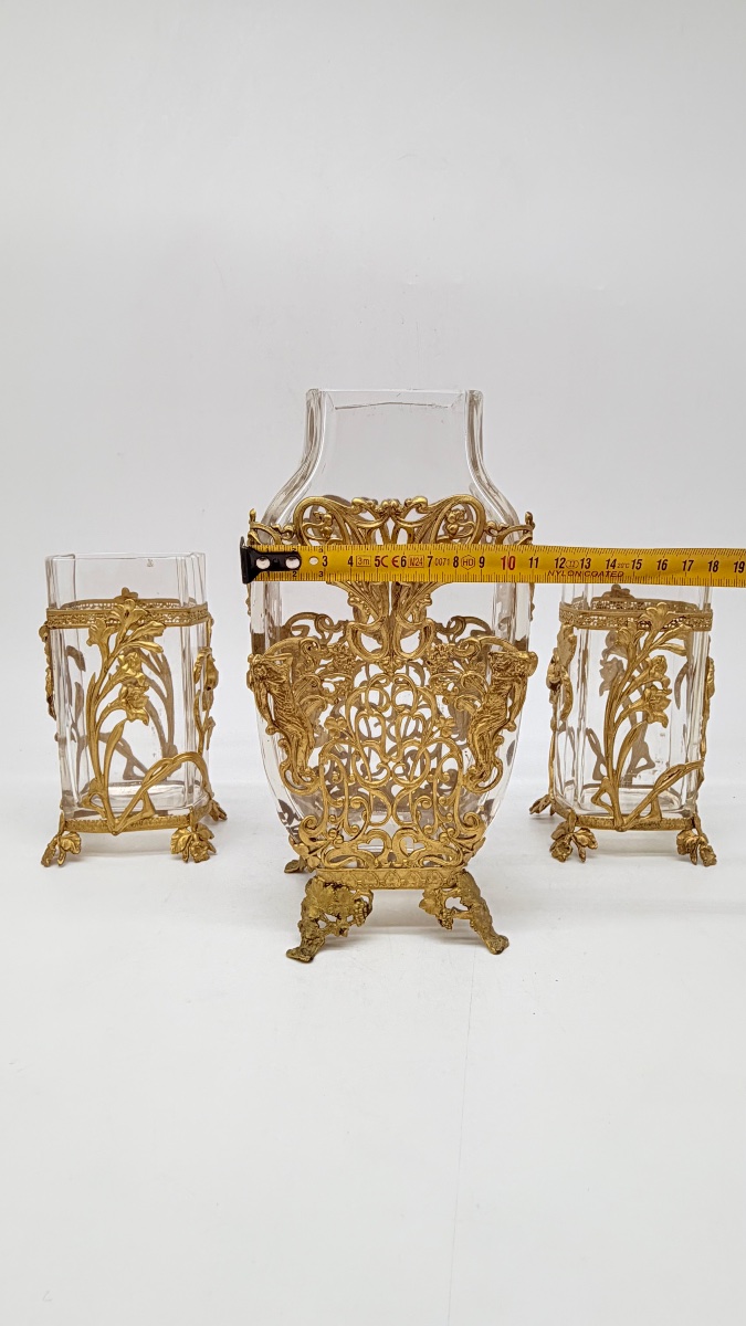Wonder Set Of Vases Baccarat Art Nouveau Finely Decorated With Adore Bronze Relief Nymphs -photo-3