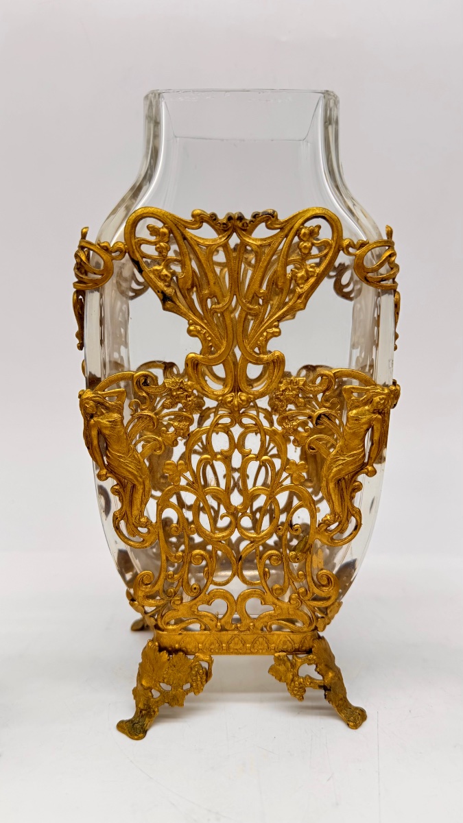 Wonder Set Of Vases Baccarat Art Nouveau Finely Decorated With Adore Bronze Relief Nymphs -photo-7