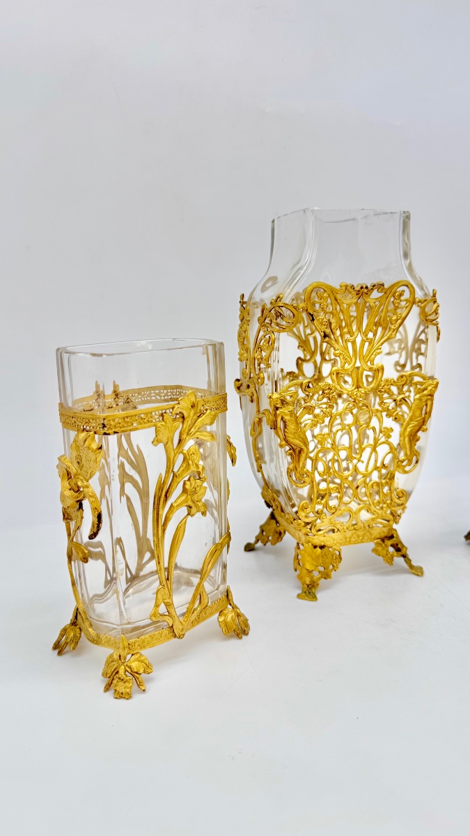 Wonder Set Of Vases Baccarat Art Nouveau Finely Decorated With Adore Bronze Relief Nymphs -photo-8