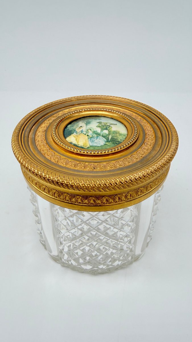 A Diamond-point-cut Crystal Powder Jar Topped With A Gilded Bronze Lid, Featuring A Miniature-photo-1