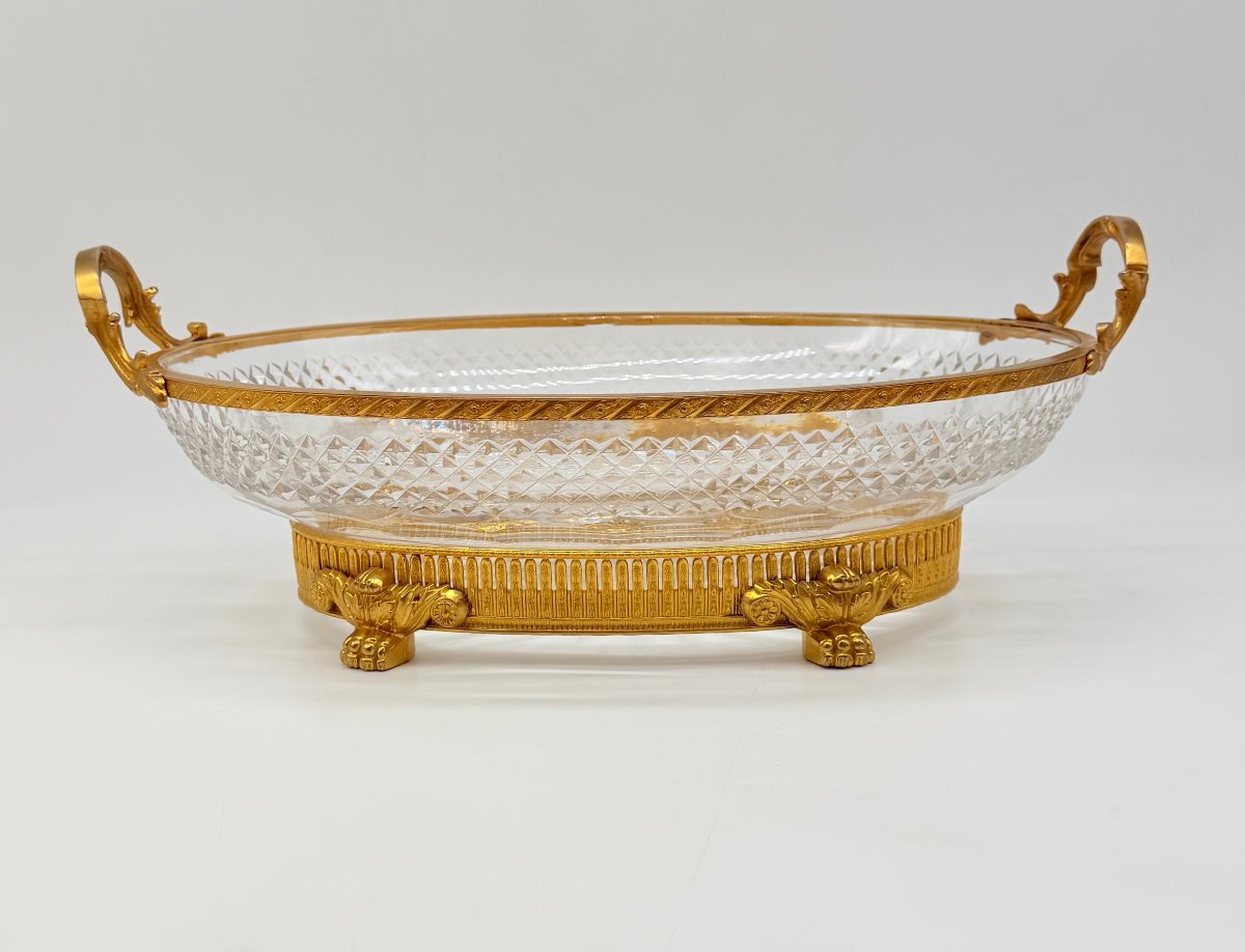 A Crystal Fruit Bowl With A Diamond-pointed Cut And A Gilded Bronze Mount