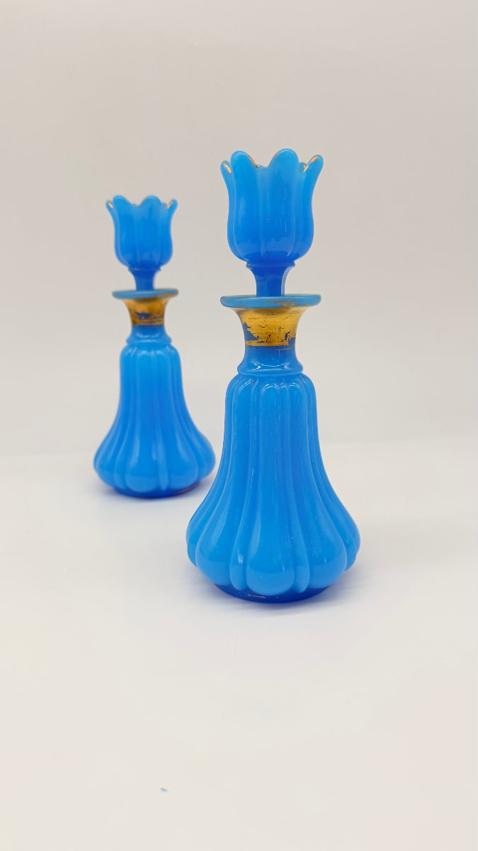 Paire de flacons à parfum en opaline bleu turquoise, France, époque Napoléon III-photo-2