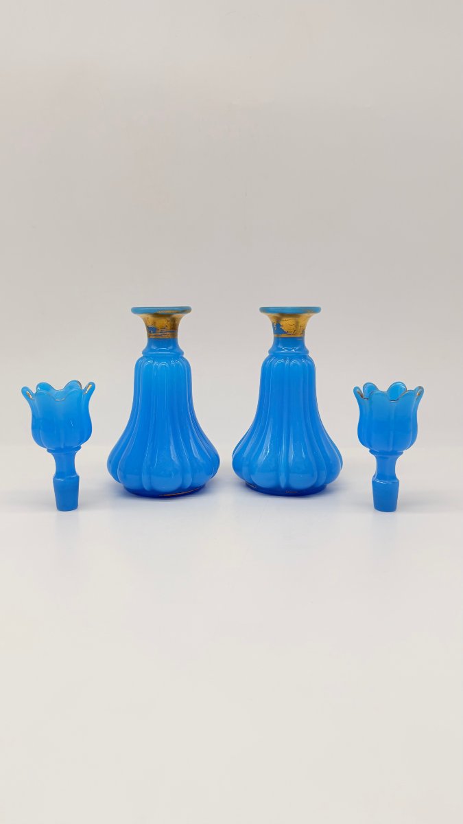 Paire de flacons à parfum en opaline bleu turquoise, France, époque Napoléon III-photo-1