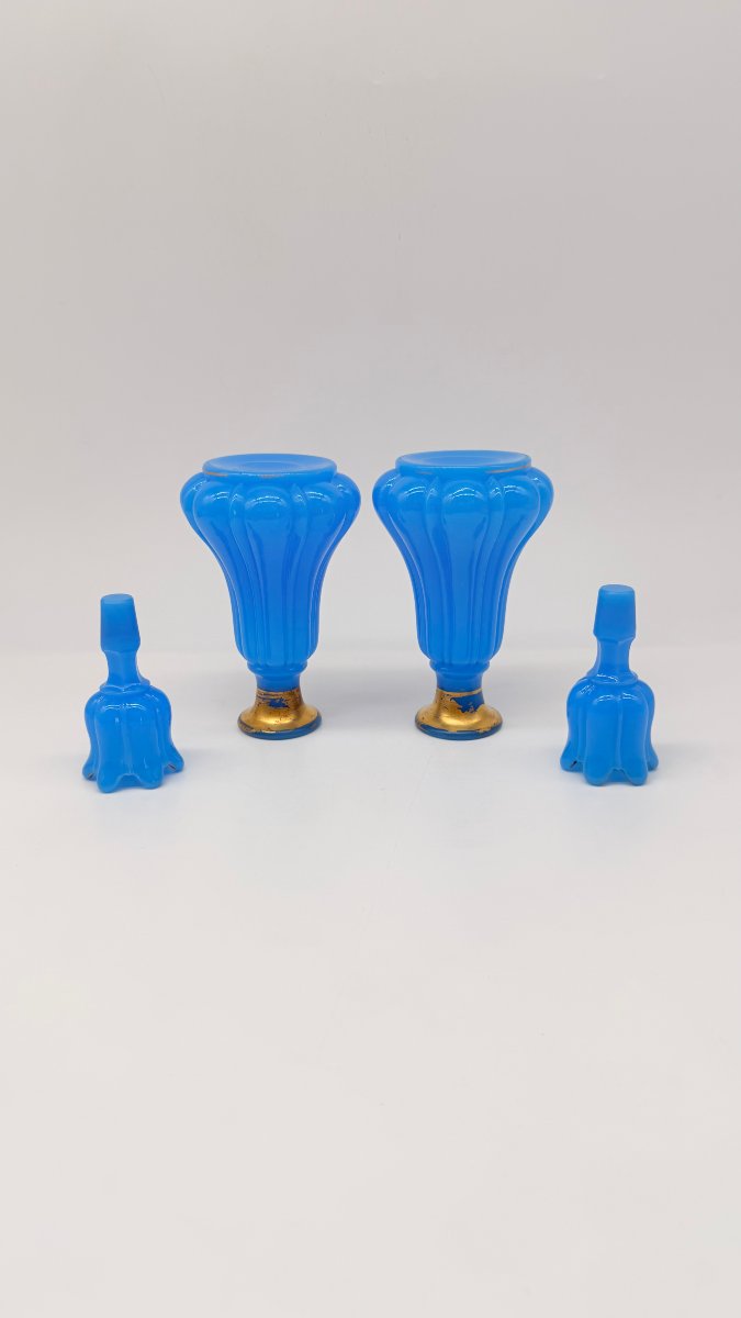 Paire de flacons à parfum en opaline bleu turquoise, France, époque Napoléon III-photo-2