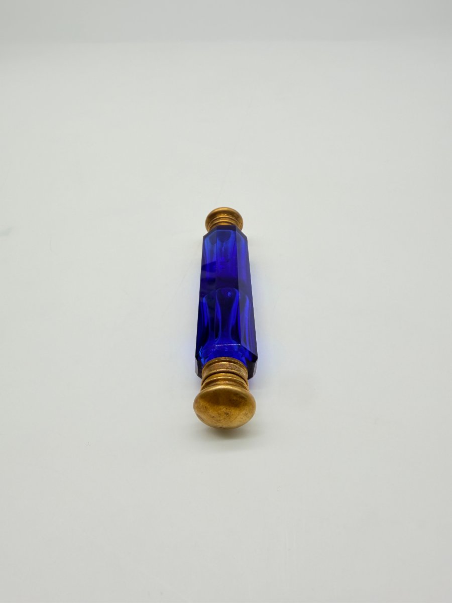 Flacon de parfum double de voyage en cristal bleu cobalt taillé, France, XIXe siècle-photo-3