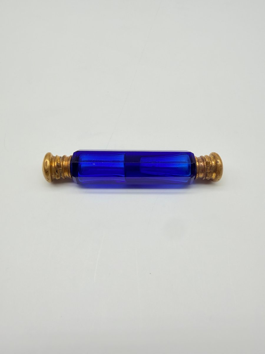 Flacon de parfum double de voyage en cristal bleu cobalt taillé, France, XIXe siècle-photo-3