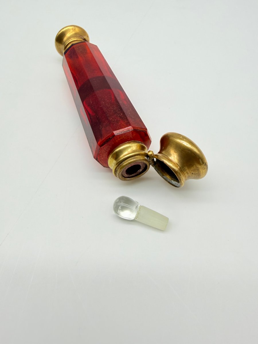 Double Cranberry-tinted Crystal Travelling Scent Bottle, France, 19th Century-photo-2