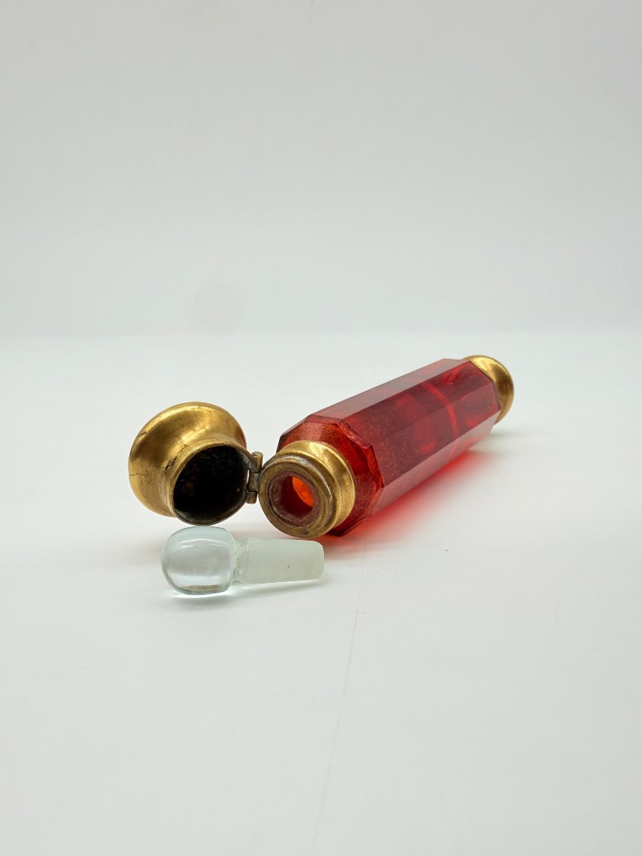 Double Cranberry-tinted Crystal Travelling Scent Bottle, France, 19th Century-photo-3