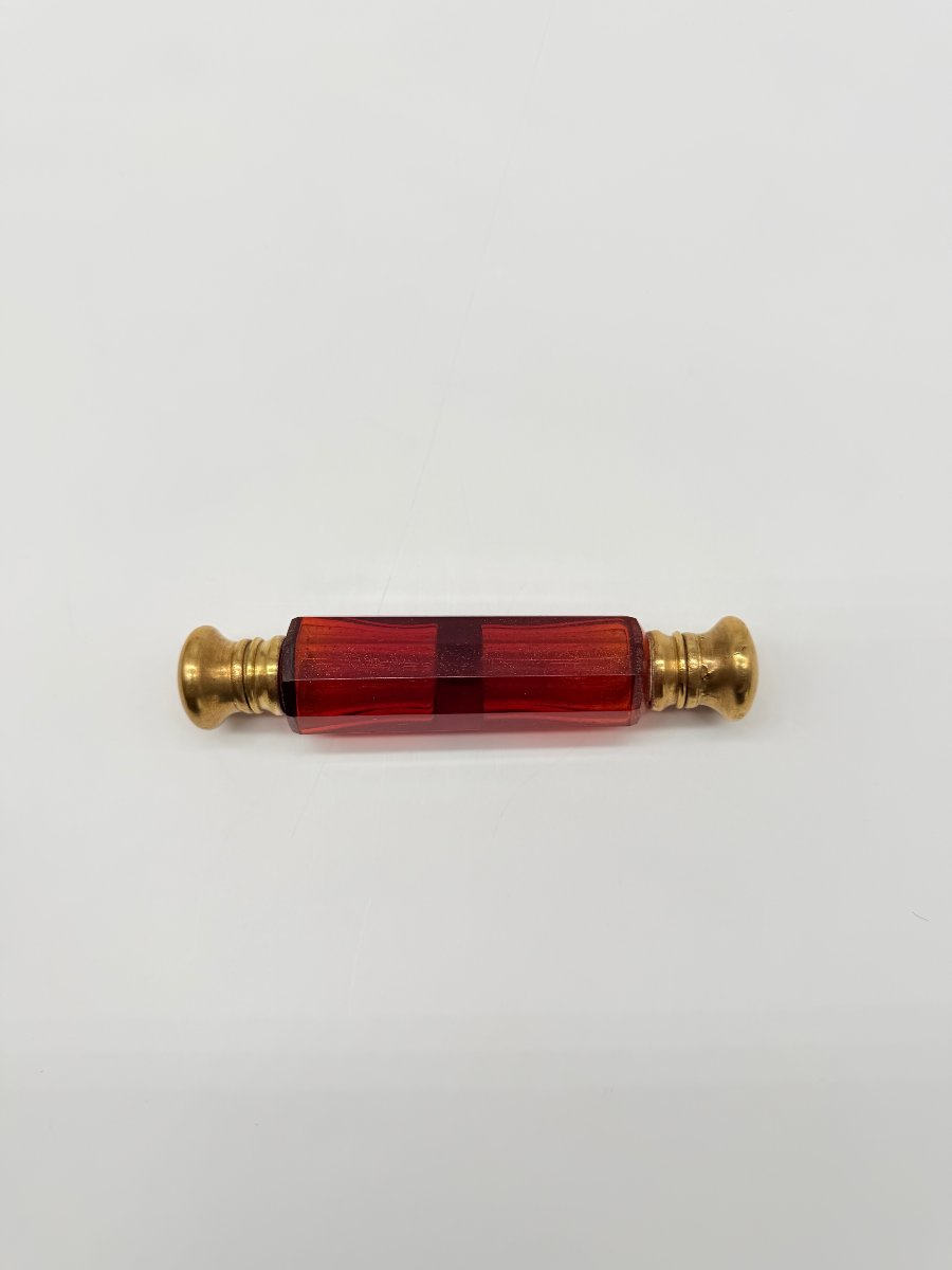 Double Cranberry-tinted Crystal Travelling Scent Bottle, France, 19th Century-photo-4