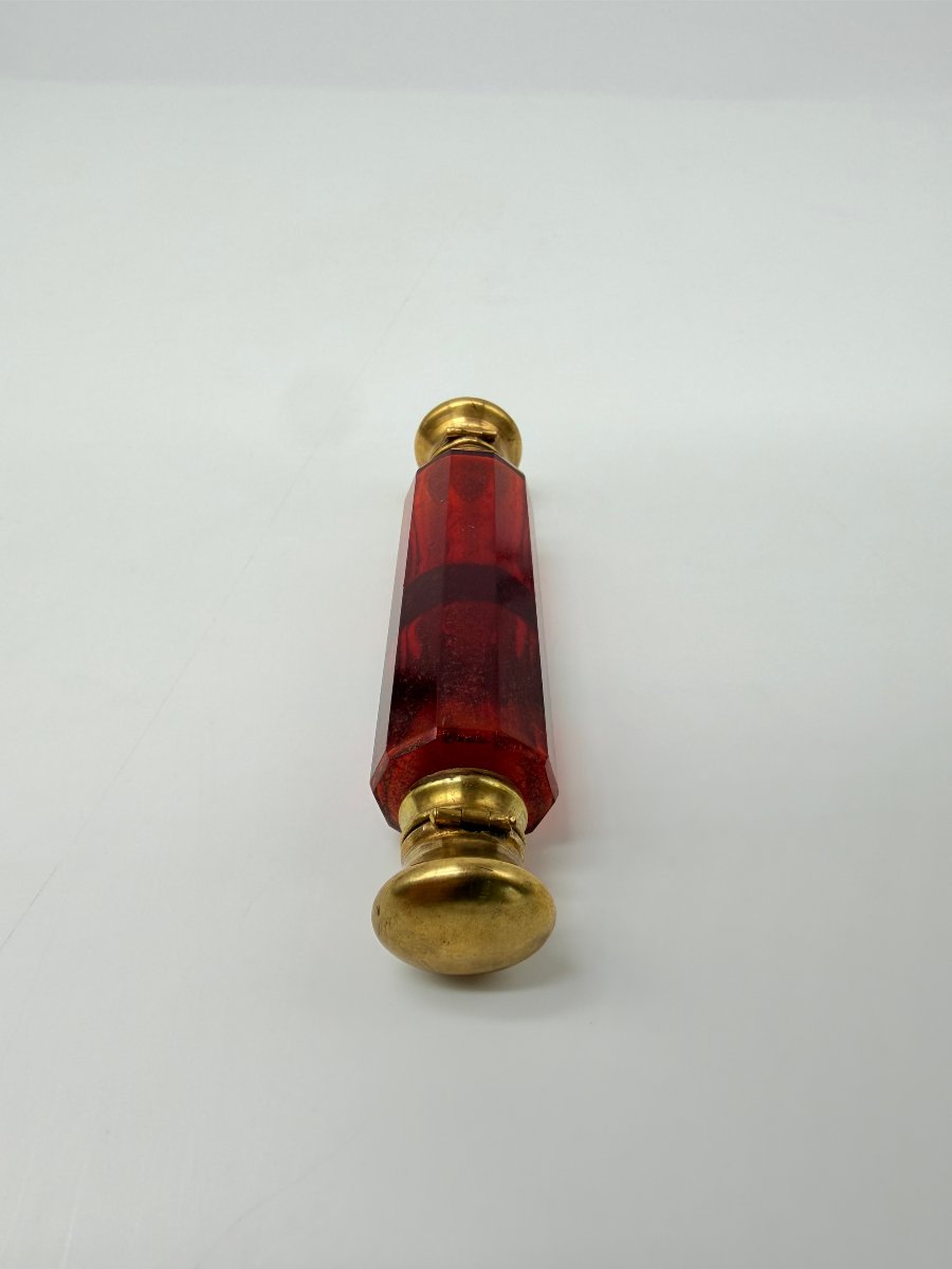 Double Cranberry-tinted Crystal Travelling Scent Bottle, France, 19th Century-photo-2