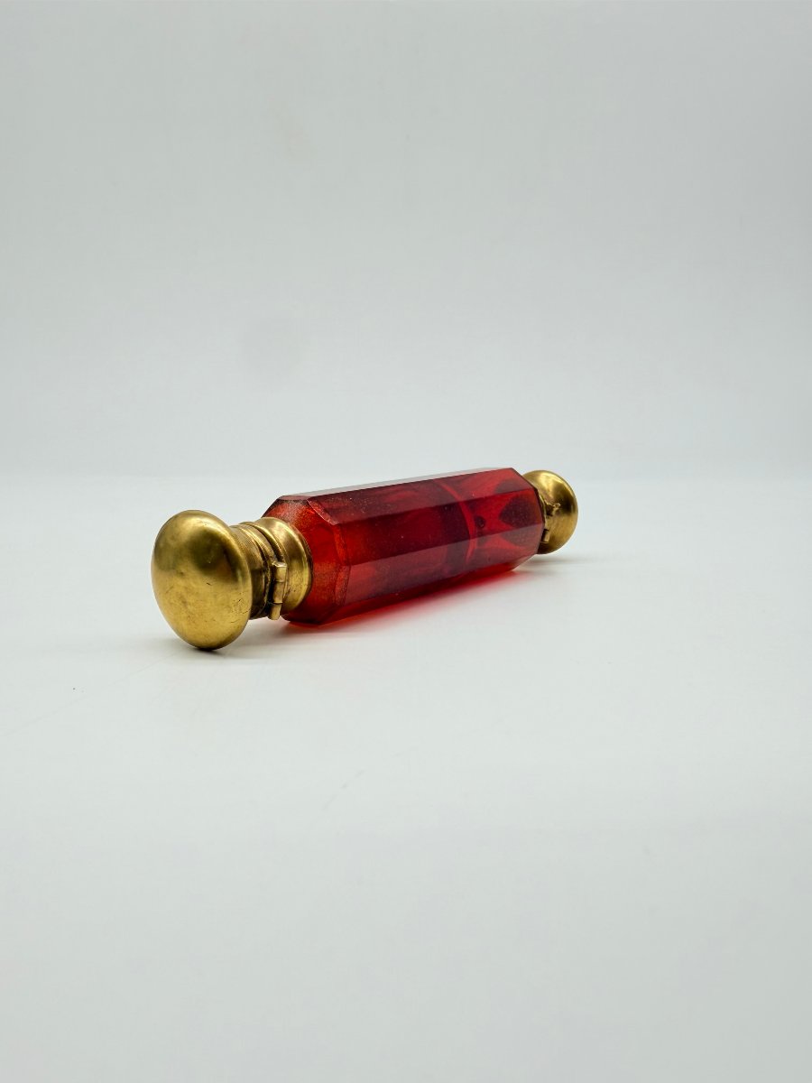 Double Cranberry-tinted Crystal Travelling Scent Bottle, France, 19th Century-photo-3