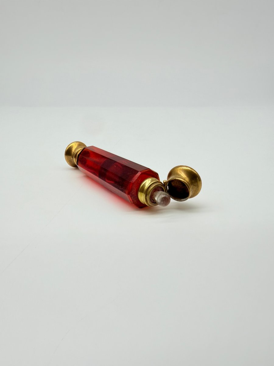 Double Cranberry-tinted Crystal Travelling Scent Bottle, France, 19th Century-photo-5
