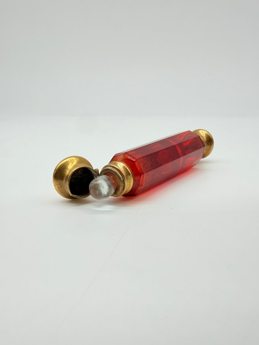 Double Cranberry-tinted Crystal Travelling Scent Bottle, France, 19th Century-photo-6